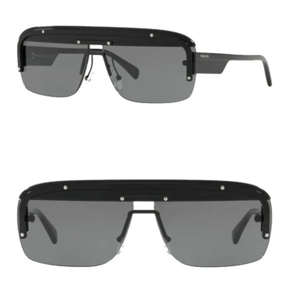 $400 Prada Modified Aviator Sunglasses Black Frame Gray Smoke Lens 145mm Temple - Picture 1 of 16
